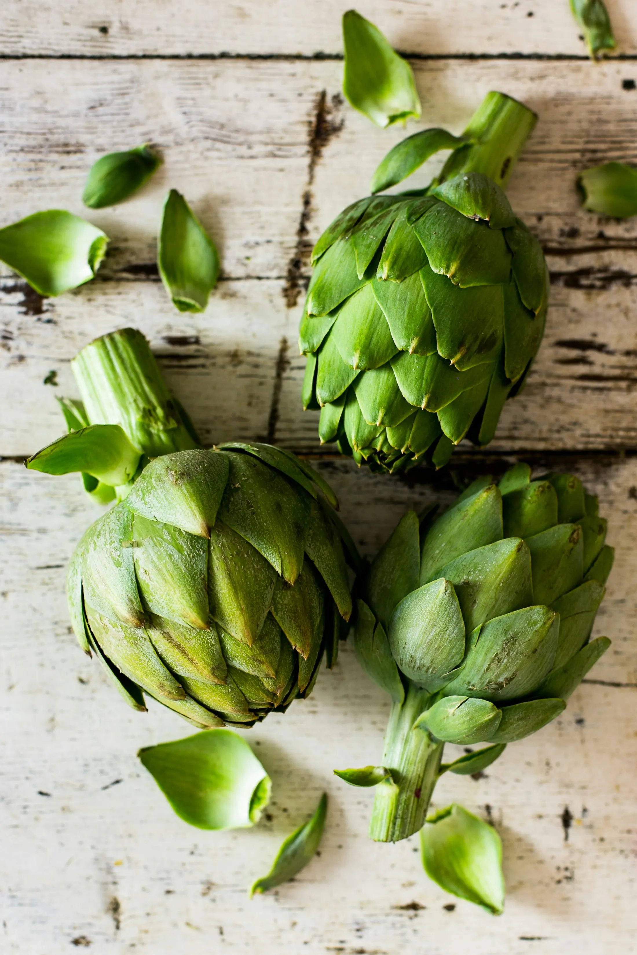 Fresh artichokes and leaves on a pale wooden table